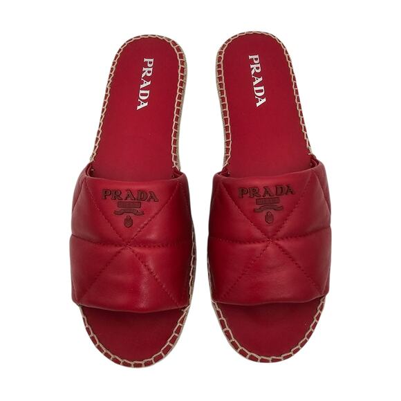 Prada Logo Flat Slide Espadrille Sandal Quilted Red Leather Size 41 US 11 - Picture 3 of 10
